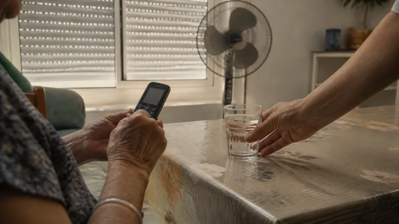 Persona mayor usa un teléfono mientras recibe un vaso de agua