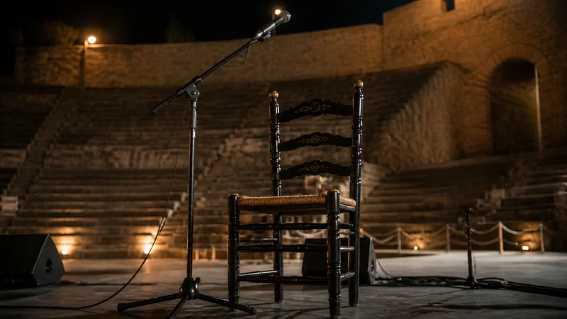 Silla flamenca y micrófono preparados en un teatro histórico antes de un concierto nocturno