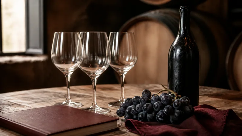 Copas de cata, uvas y una botella sin etiqueta en una bodega