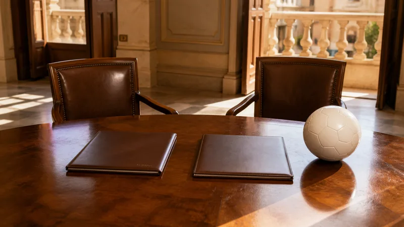Balón sin distintivos y dos carpetas sobre una mesa de reunión institucional