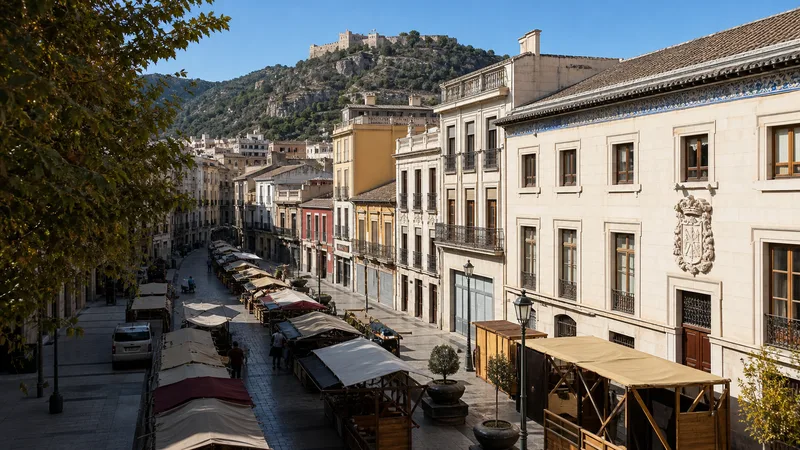 Calle histórica de Xàtiva con puestos de feria y el castillo al fondo