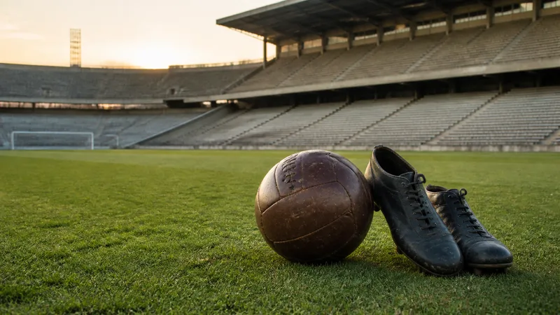 Balón y botas de fútbol de época sobre el césped de un estadio vacío