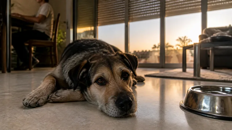 Perro tranquilo descansa en un salón con las persianas medio bajadas