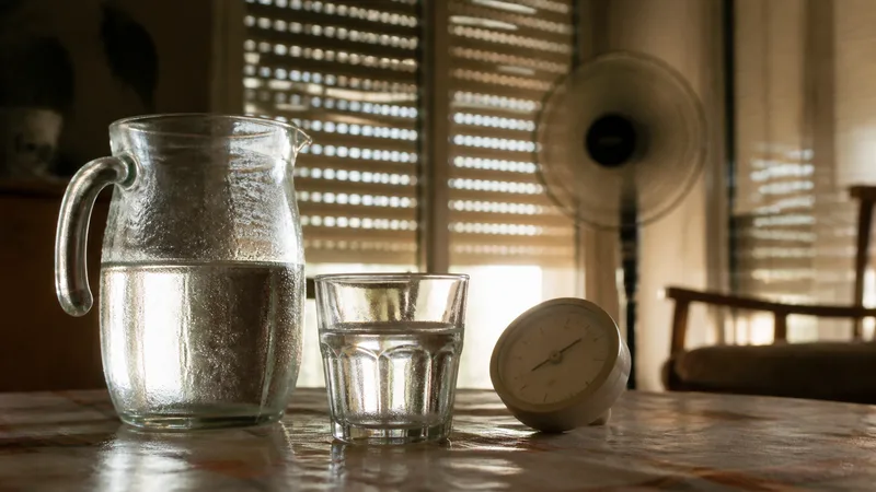 Jarra y vaso de agua junto a un ventilador y persianas bajadas