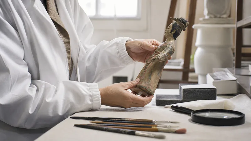 Especialista examina una figura antigua en un taller de conservación