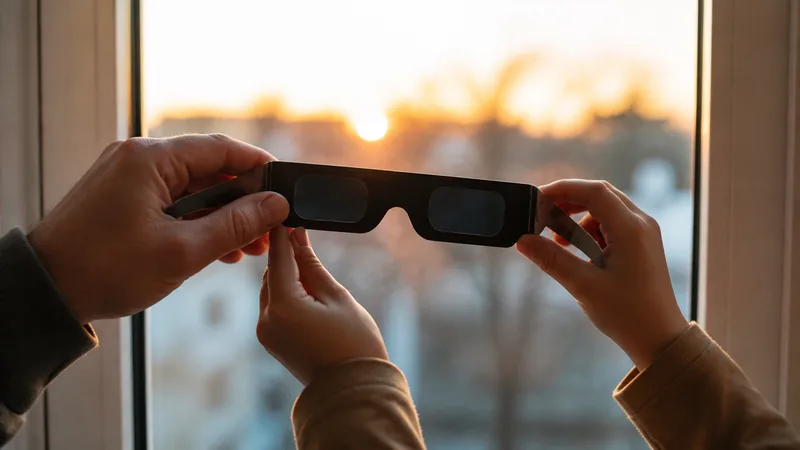 Manos de una persona adulta y un menor sostienen gafas para eclipse frente a una ventana