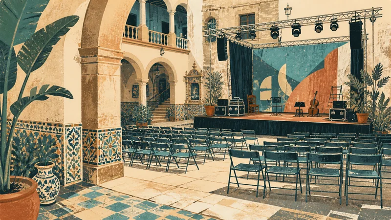 Ilustración editorial de un patio valenciano preparado para una actividad cultural