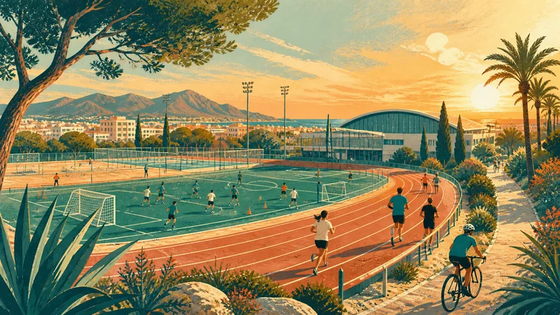 Ilustración editorial de un complejo deportivo comunitario mediterráneo