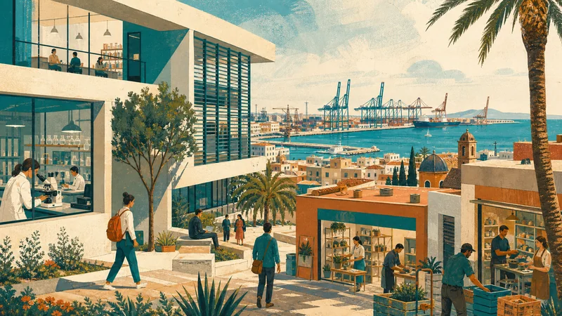 Ilustración editorial de actividad económica, universitaria y portuaria en Valencia