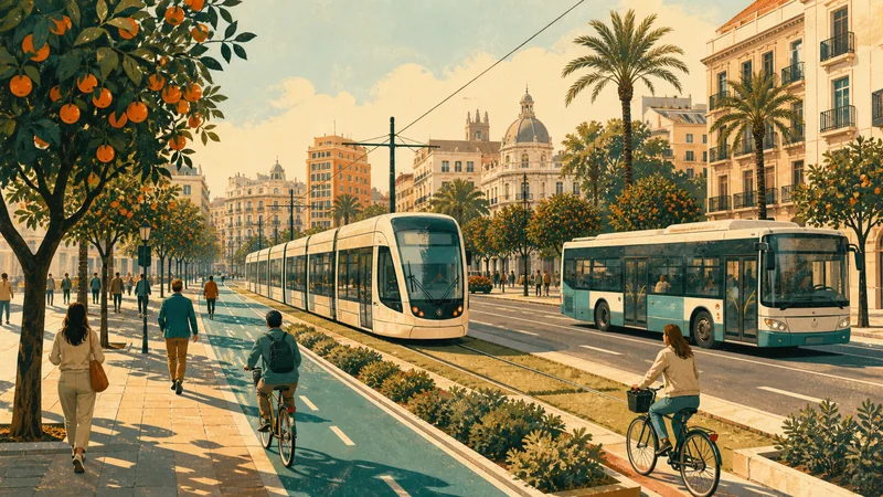 Ilustración editorial de movilidad urbana con tranvía, autobús, bicicletas y peatones en Valencia