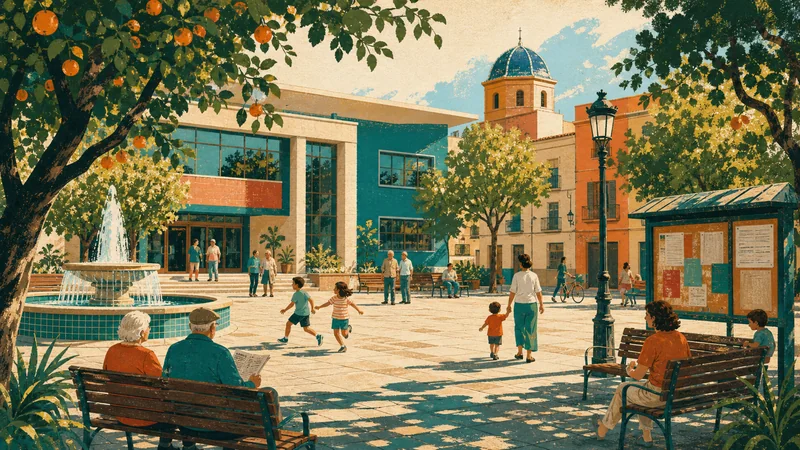 Ilustración editorial de una plaza valenciana con centro cívico y vida de barrio