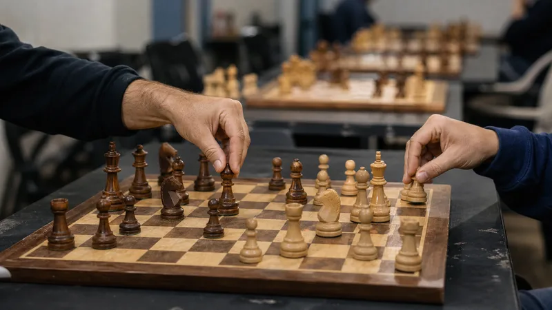 Dos personas mueven piezas en un tablero de ajedrez