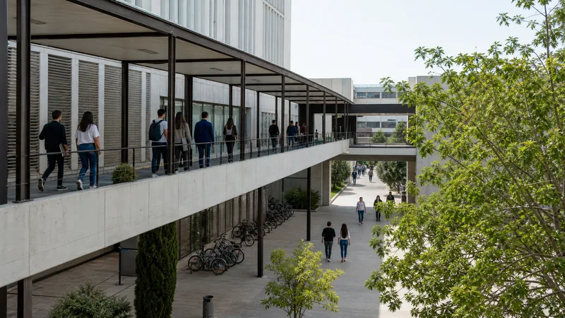 Personas recorren una pasarela arbolada entre edificios universitarios