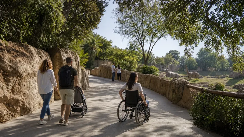 Visitantes con carrito y silla de ruedas por un sendero amplio de BIOPARC València