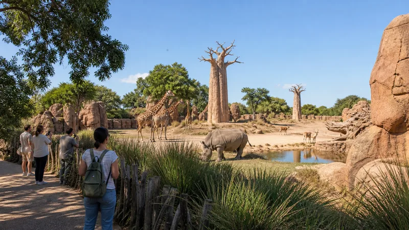 Hábitat de sabana de BIOPARC València con jirafas, rinoceronte y visitantes en el sendero