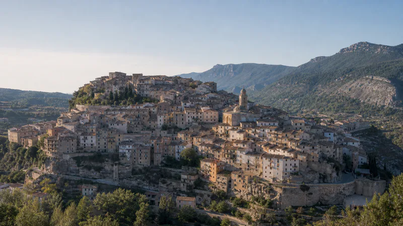 Panorámica del casco histórico de Bocairent escalonado sobre la ladera