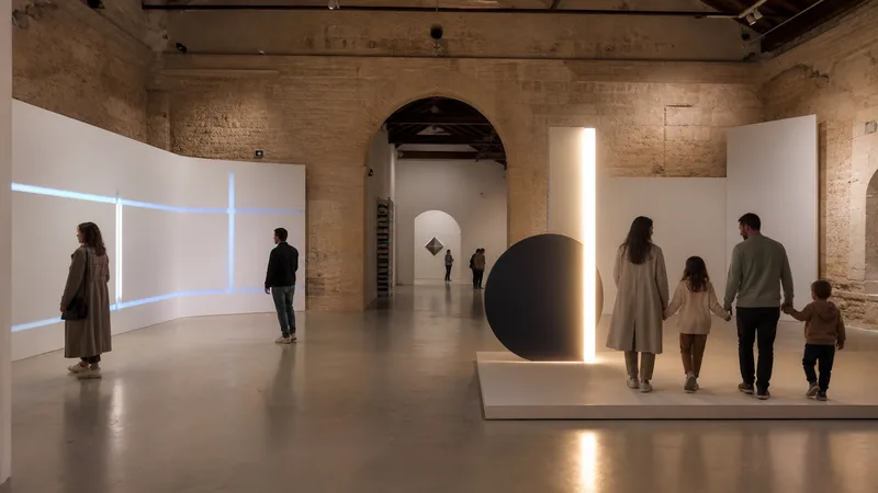 Sala contemporánea dentro de un edificio histórico con visitantes y formas geométricas