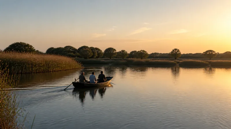 Barca tradicional con tres personas en la laguna de L’Albufera al atardecer