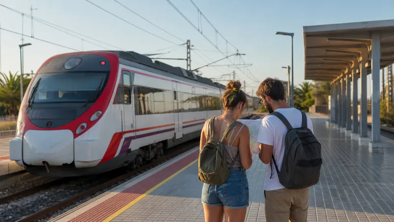 Dos viajeros consultan un mapa junto a un tren de cercanías de un solo piso en un andén valenciano
