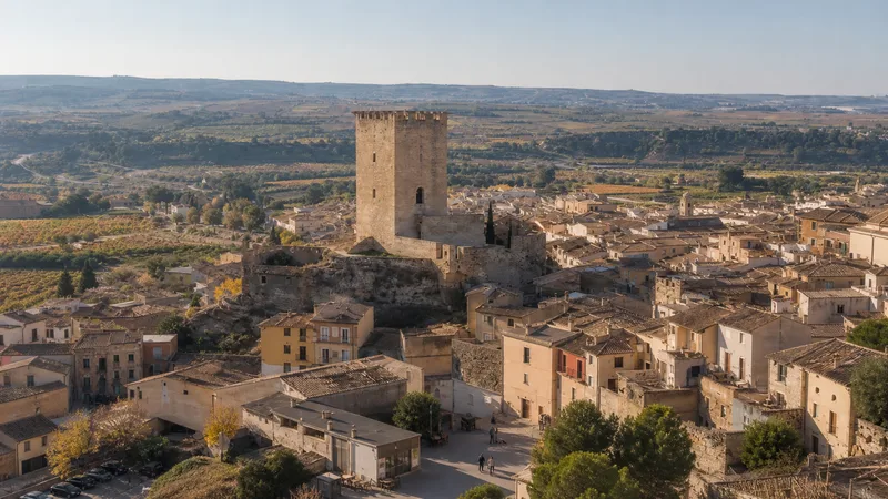 Barrio de La Villa de Requena con la Torre del Homenaje y viñedos al fondo