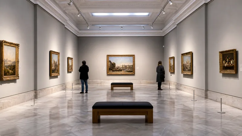 Sala amplia de pintura con visitantes contemplando paisajes y bodegones