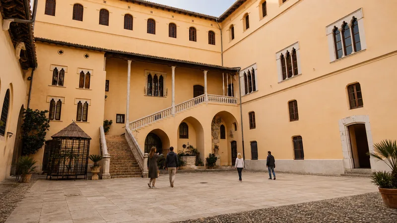 Patio de Armas del Palau Ducal con fachadas ocres, escalera histórica y visitantes pequeños