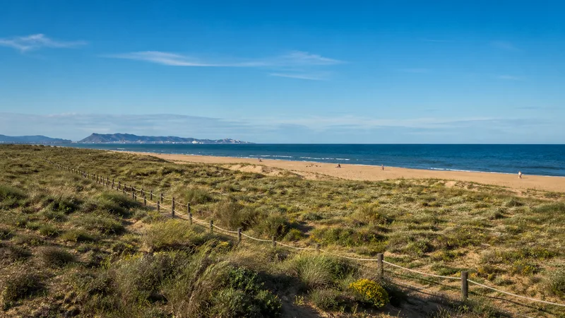 Amplia playa de l’Auir con dunas protegidas, vegetación y Mediterráneo