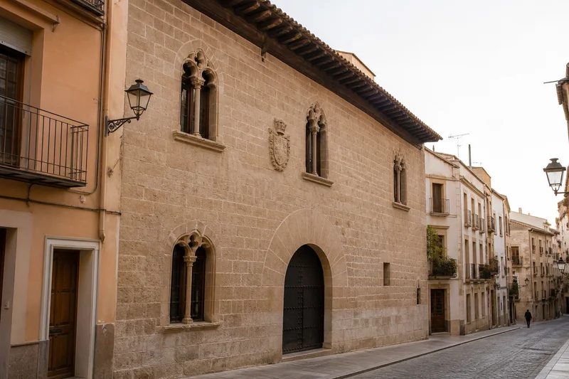 Fachada de piedra del Palacio del Cid y Museo del Vino en una calle del Barrio de La Villa de Requena