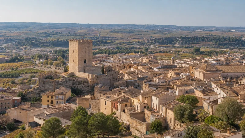 Panorámica representativa del Barrio de La Villa de Requena con la Torre del Homenaje y la meseta de viñedos al fondo