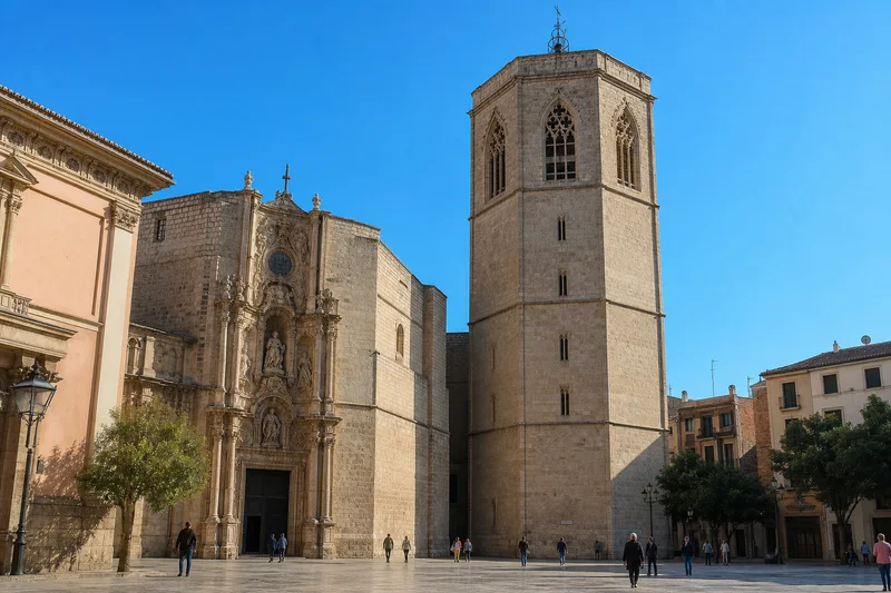 Portada de los Hierros de la Catedral de València junto al campanario octogonal del Micalet