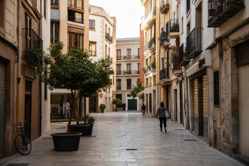 Calle peatonal representativa de Ciutat Vella a primera hora, con balcones, fachadas claras, naranjos y pocos peatones