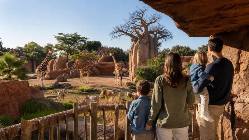 Familia observando jirafas y antílopes en un hábitat de BIOPARC València