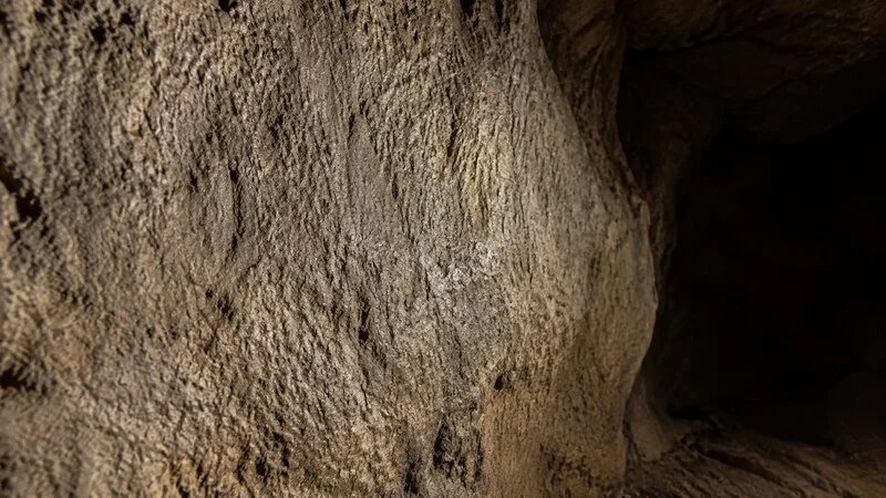 Detalle de una pared caliza iluminada en el interior de una cueva