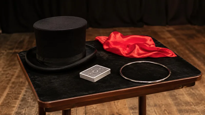 Sombrero, baraja, seda roja y aro preparados sobre una mesa de magia