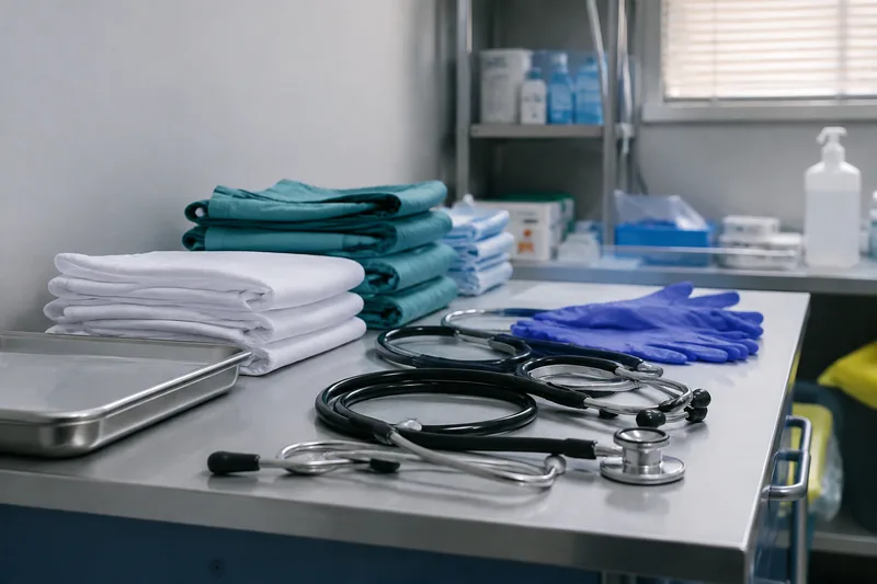 Material sanitario dispuesto sobre una mesa de preparación clínica
