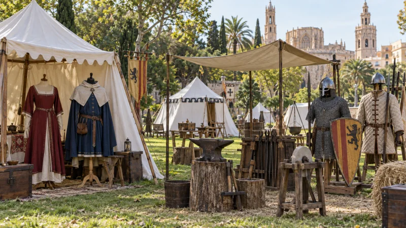 Tienda, vestimenta y armaduras de una recreación histórica medieval en un parque urbano.