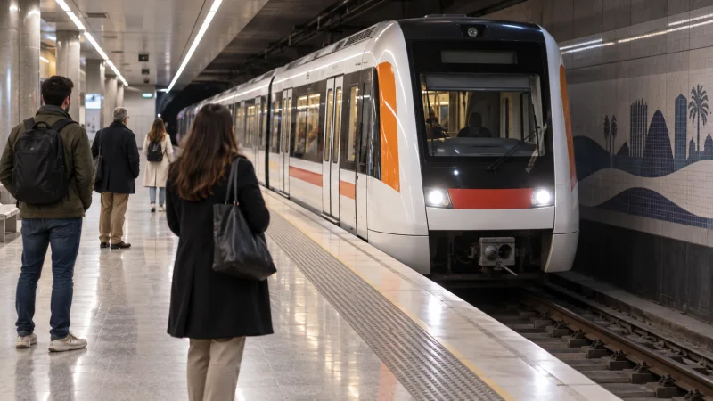 Un tren de Metrovalencia llega a un andén con viajeros a primera hora.