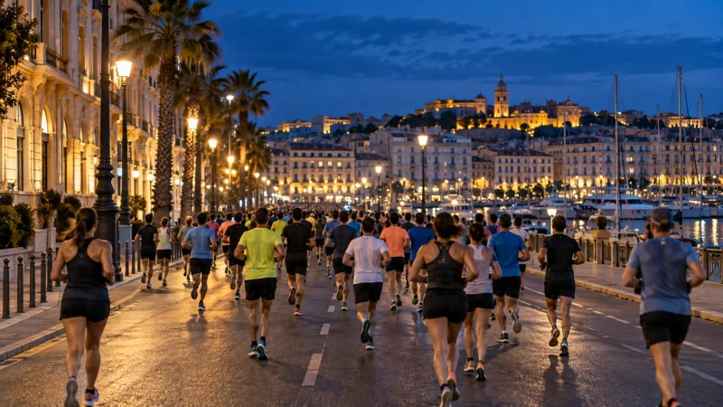 Corredores atraviesan una avenida junto al puerto de València al anochecer, en una imagen ilustrativa.