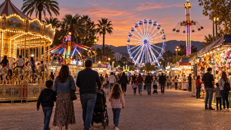 Feria de atracciones al anochecer con noria, carrusel y puestos iluminados