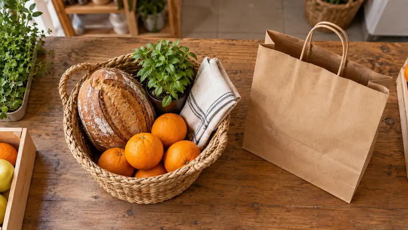 Cesta con pan, naranjas y una bolsa de papel en el mostrador de un comercio de proximidad
