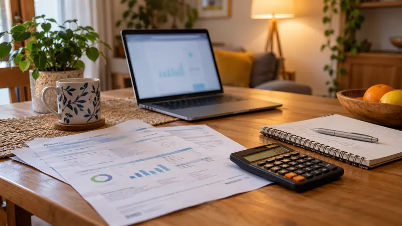 Una factura energética, una calculadora y un portátil sobre una mesa doméstica