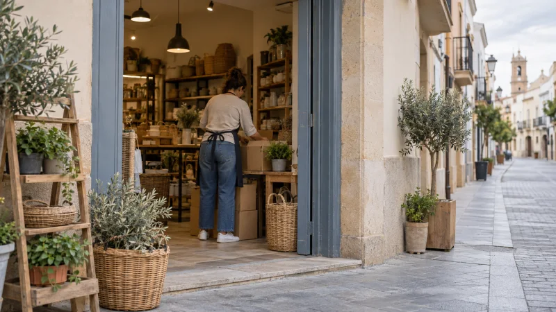 Una comerciante ordena cajas en la entrada de una pequeña tienda de un municipio valenciano.