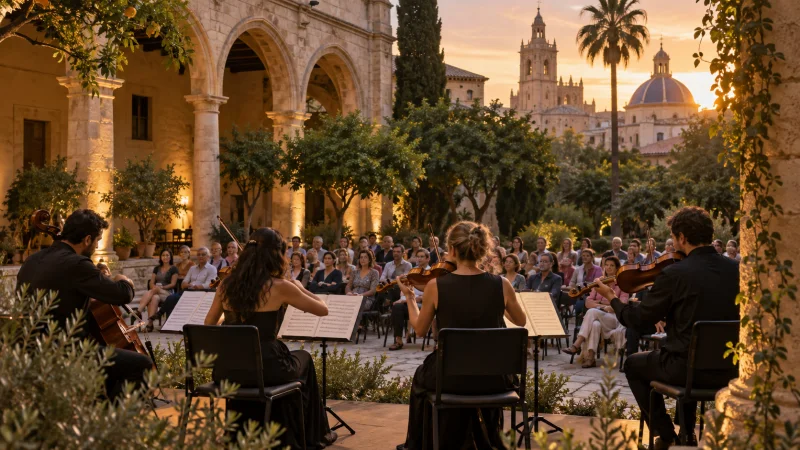 Concierto de cámara al aire libre en un patio histórico de València al atardecer