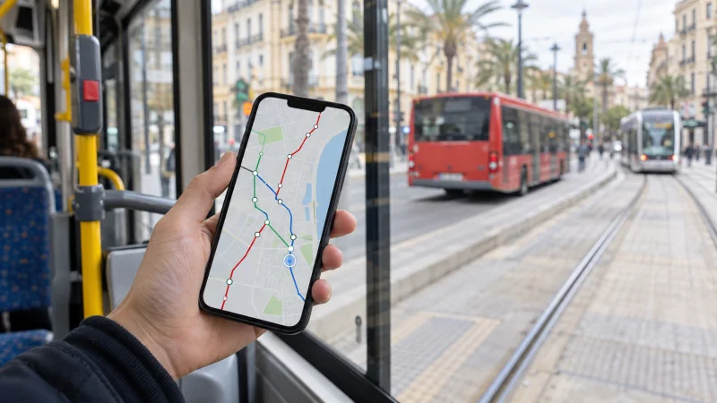 Persona consulta una ruta de transporte en el móvil desde un autobús en València.