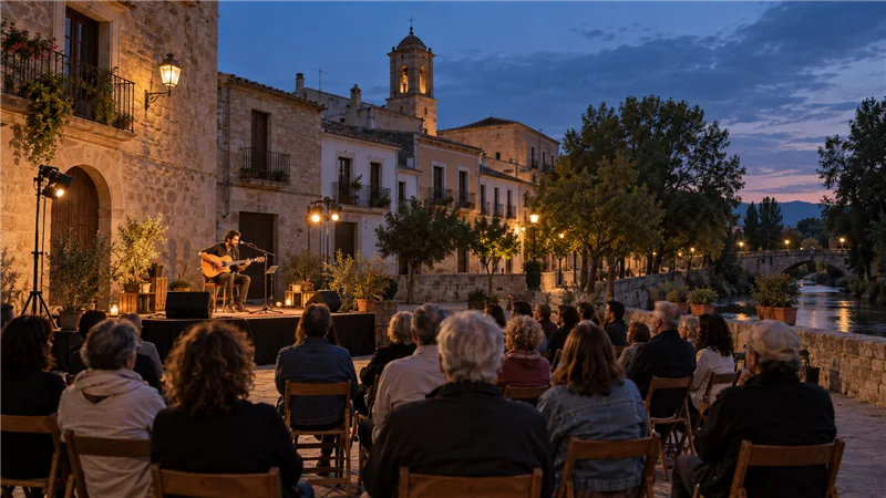 Público en una plaza de un pequeño municipio observa una actuación musical al aire libre