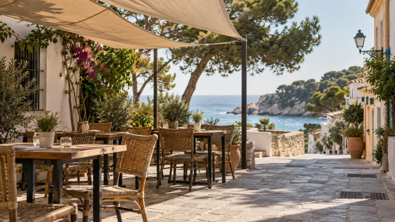 Terraza vacía de un restaurante mediterráneo con mesas bajo un toldo y una calle costera al fondo.
