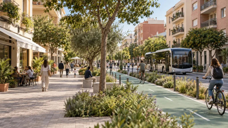 Ilustración de un barrio con supermanzana, arbolado, transporte público y carril ciclista.