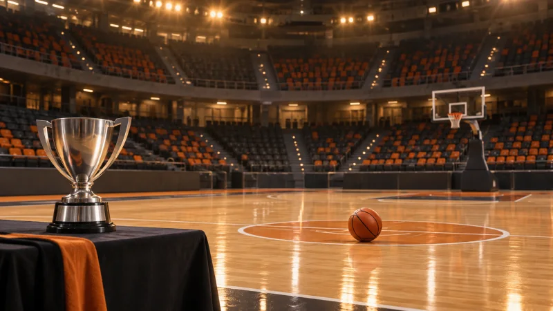 Ilustración de un balón y un trofeo en una cancha de baloncesto vacía