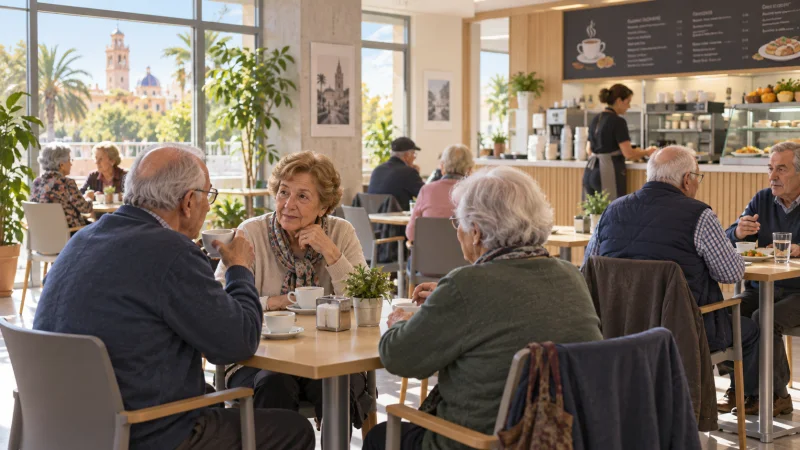 Personas mayores conversan en la cafetería de un centro municipal de barrio.
