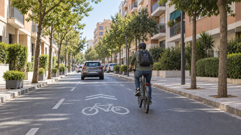 Ciclista circulando por una calle compartida de un barrio de València